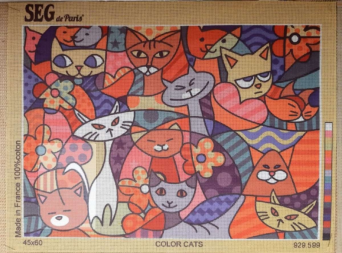 Cuadro tela cañamazo medio punto DMC dibujo de gatos.