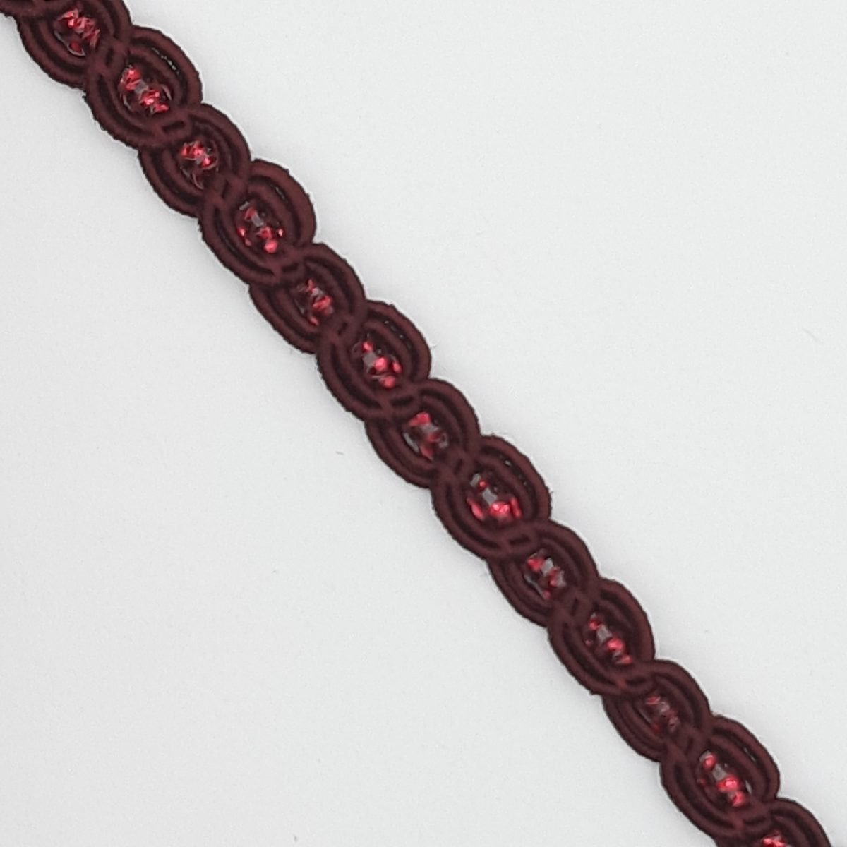 Galón pasamanería con ondas y brillo lurex de 7 mm y color burdeos